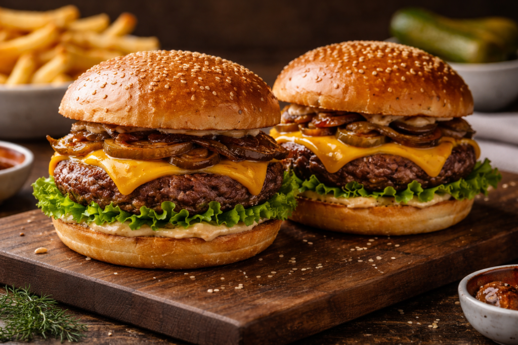 Високий домашній бургер з розплавленим сиром, зеленню та карамелізованою цибулею на дерев'яному фоні