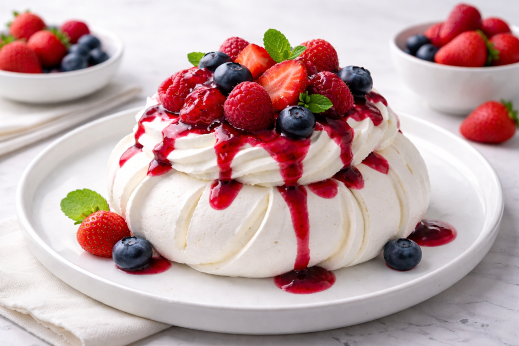 Білосніжні тістечка Павлова зі збитими вершками та соковитою малиною зверху