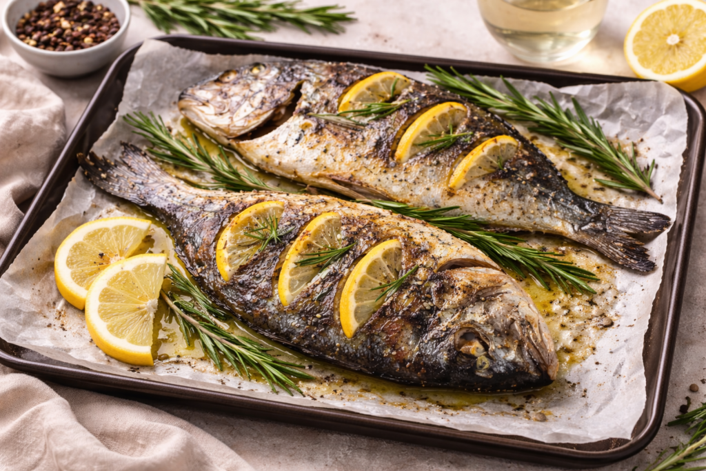 Ціла запечена дорадо з лимоном та гілочкою розмарину на білій тарілці