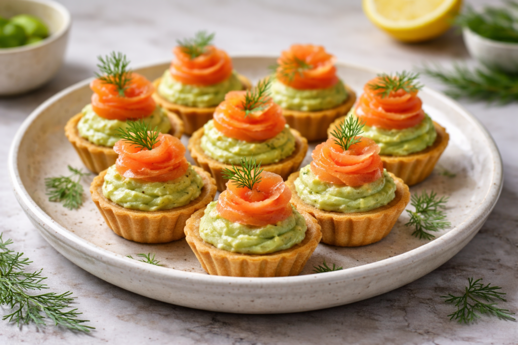Тарталетки з ніжним зеленим мусом авокадо та трояндами з червоної риби