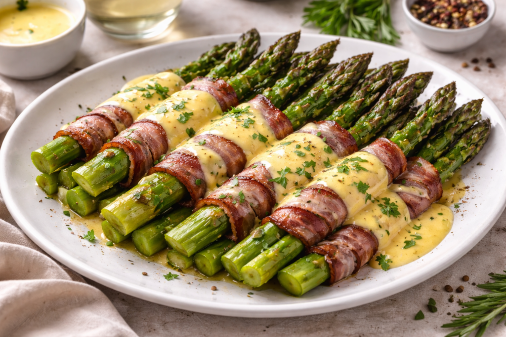 Зв'язки зеленої спаржі в рум'яному беконі, политі густим жовтим соусом