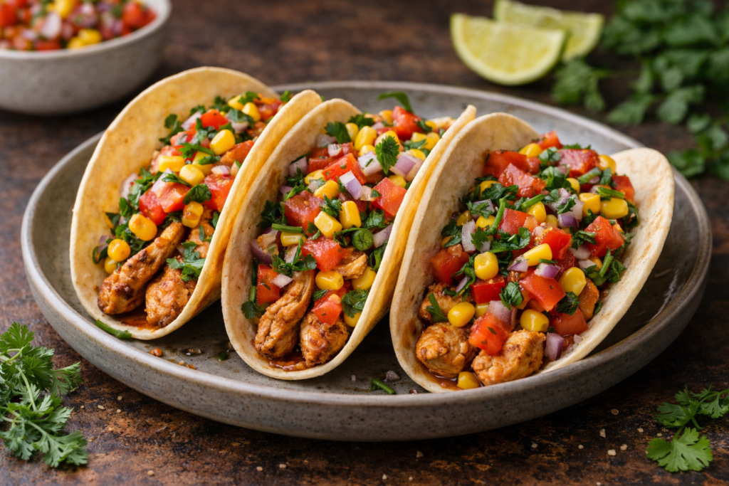 Апетитні мексиканські тако з куркою, овочами та кінзою на дерев'яній таці з шматочками лайма