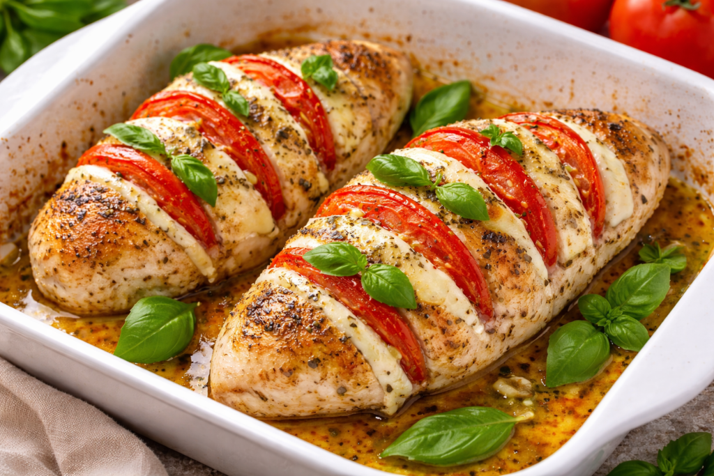 Запечене золотисте куряче філе з розплавленою моцарелою та червоними томатами у керамічній формі