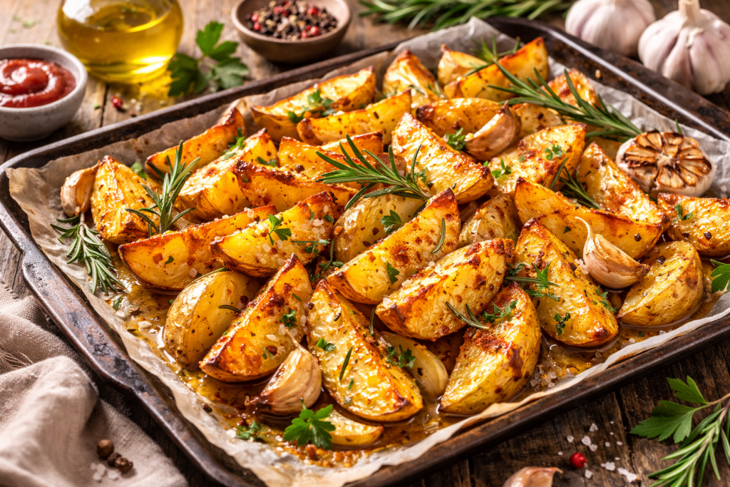 Золотиста запечена картопля скибочками з розмарином та часником на темному листі для запікання