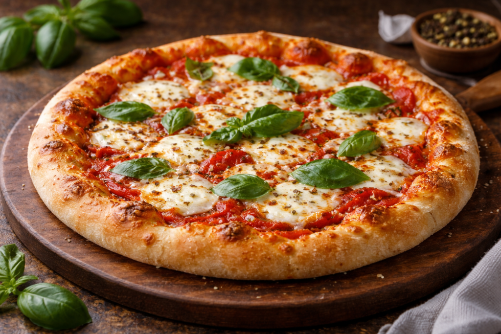 Гаряча домашня піца з розплавленим сиром та свіжим базиліком на дерев’яній лопаті для піци