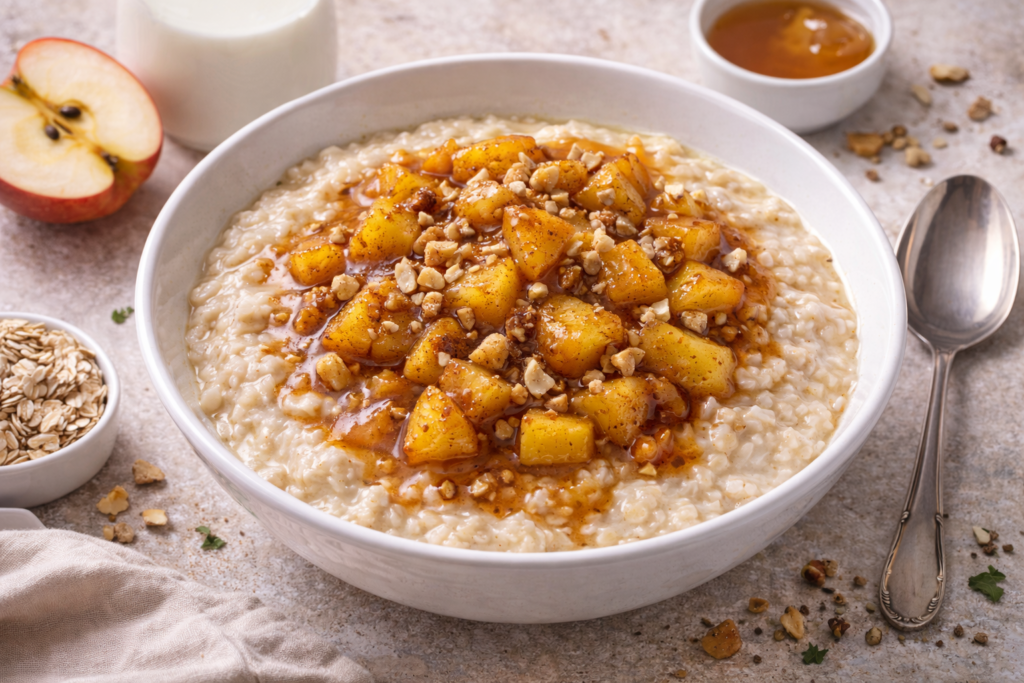Тарілка ніжної вівсяної каші з шматочками карамелізованого яблука, горіхами та паличкою кориці