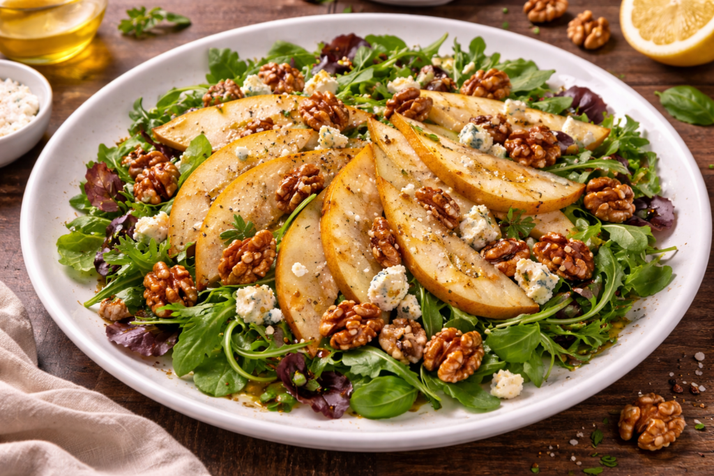 Вишуканий салат із слайсами груші, шматочками сиру дорблю та золотистими горіхами на подушці з руколи