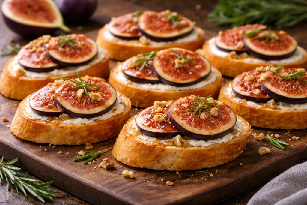 Хрусткі скибочки багета з білим крем-сиром, фіолетовим інжиром та золотистим медом на мармуровій дошці