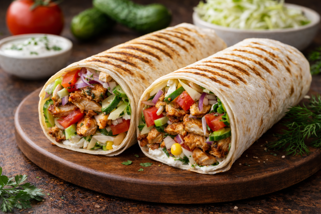 Апетитна золотиста шаурма в лаваші з соковитою начинкою, розрізана навпіл, на дерев'яній дошці