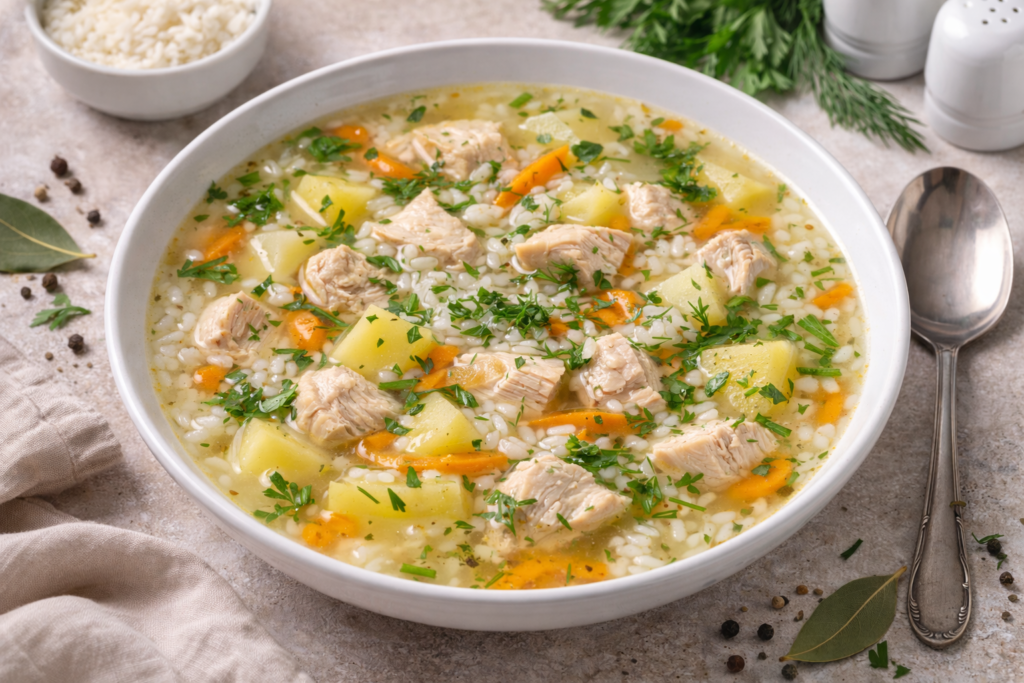Апетитна тарілка гарячого рисового супу з шматочками курки, морквою та свіжою зеленню