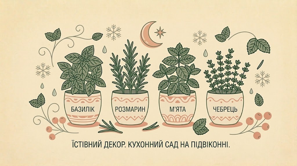 Горизонтальна flat-ілюстрація керамічних горщиків з пишним базиліком, розмарином та м'ятою на світлому бежевому фоні.