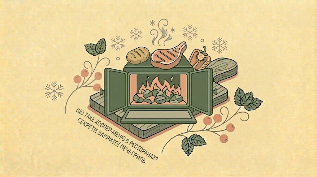 Горизонтальна flat-ілюстрація стилізованої закритої печі-гриль, стейка з характерними смужками гриля та овочів на світлому бежевому фоні.