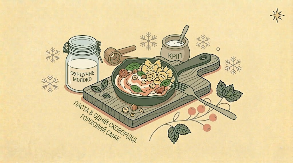 Горизонтальна flat-ілюстрація сковорідки з пастою, горіхами та шпинатом на кремовому фоні.