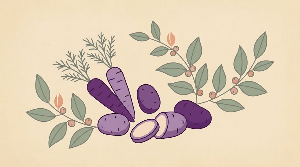 Горизонтальна flat-ілюстрація фіолетової картоплі та моркви на світлому бежевому фоні з персиковими акцентами.