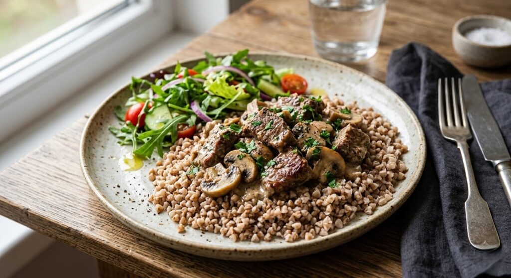 Скляна тарілка з розсипчастою гречкою та шматочками тушкованої яловичини в підливі.