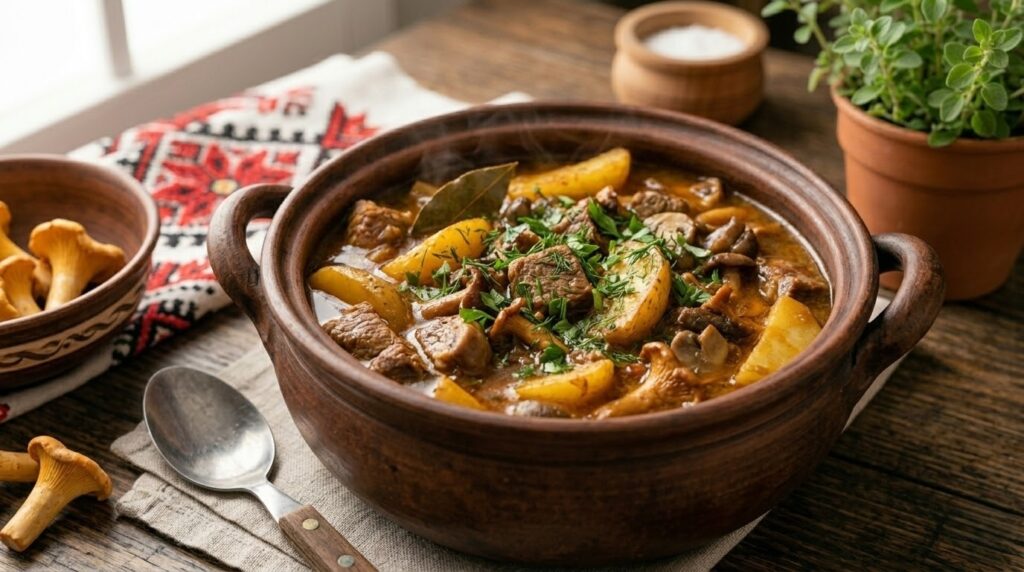 Апетитна печеня в керамічному горщику, шматочки м'яса та картоплі в густому соусі, прикрашені зеленню на фоні вишитого рушника