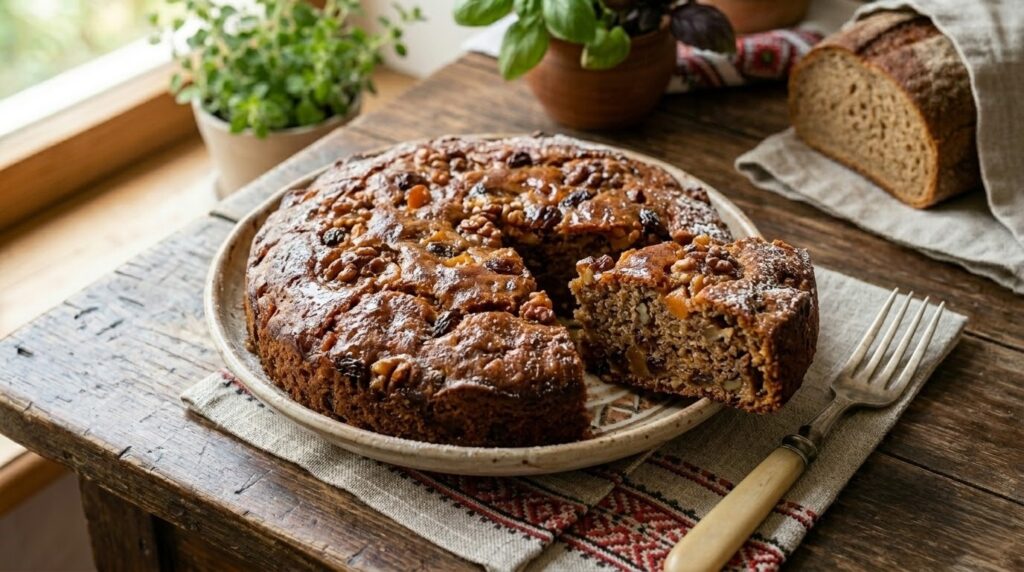 Темно-золотистий медовий пиріг із горіхами, посипаний цукровою пудрою, відрізана скибочка лежить поруч на вишитому рушнику