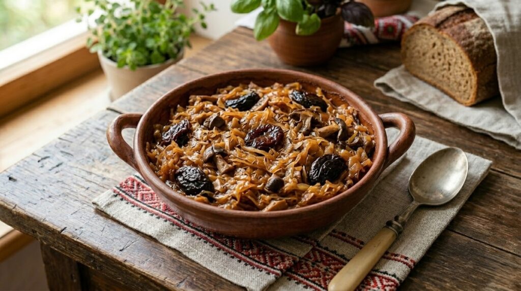 Керамічний казан з тушкованою капустою, в якій видно шматочки білих грибів та темний чорнослив, подається на дерев'яному столі з рушником