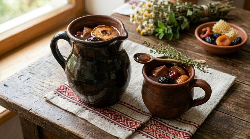 Глиняний глечик з темним узваром, поруч склянка з напоєм, у якій видно скибочку сушеного яблука, на фоні вишитого рушника