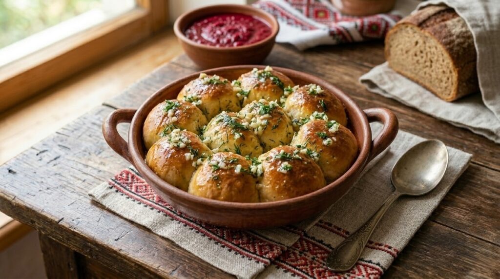 Керамічна форма з рум'яними пампушками, полита зеленою часниковою олією, на фоні тарілки з борщем та вишитого рушника