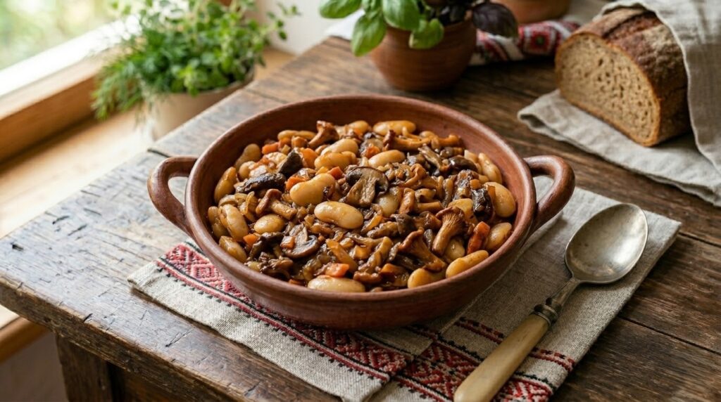 Керамічна миска з червоною квасолею, великими шматочками грибів та соковитою підливою, прикрашена зеленню