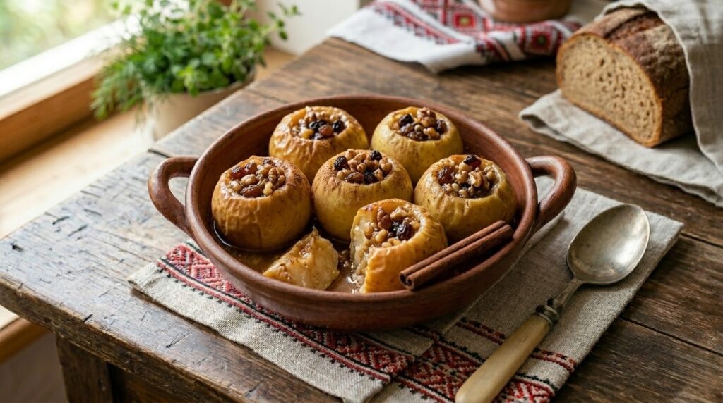 Запечені яблука з золотистою горіховою начинкою, прикрашені паличкою кориці на керамічній тарілці