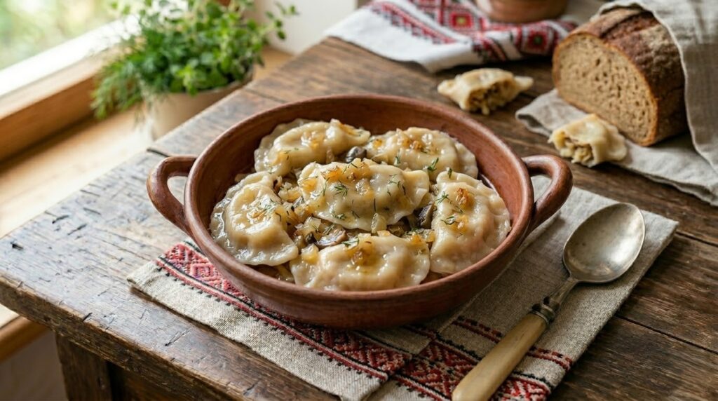 Тарілка з гарячими варениками, присипаними смаженою цибулею та зеленню, на дерев'яному столі