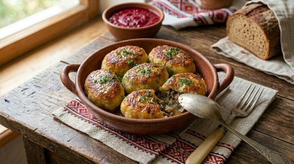 Золотисті картопляні зрази на тарілці, розрізана зраза демонструє соковиту грибну начинку, подається з зеленню