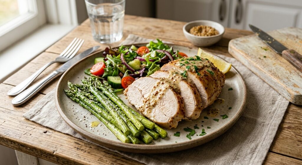 Запечене філе індички в білому соусі нарізане скибочками на тарілці з овочами.