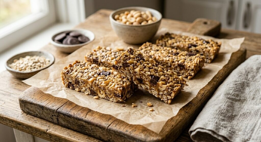 Домашні вівсяні батончики з горіхами та шоколадом на дерев’яній дошці.