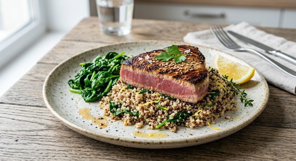 Стейк із тунця на грилі з кіноа та шпинатом на тарілці.