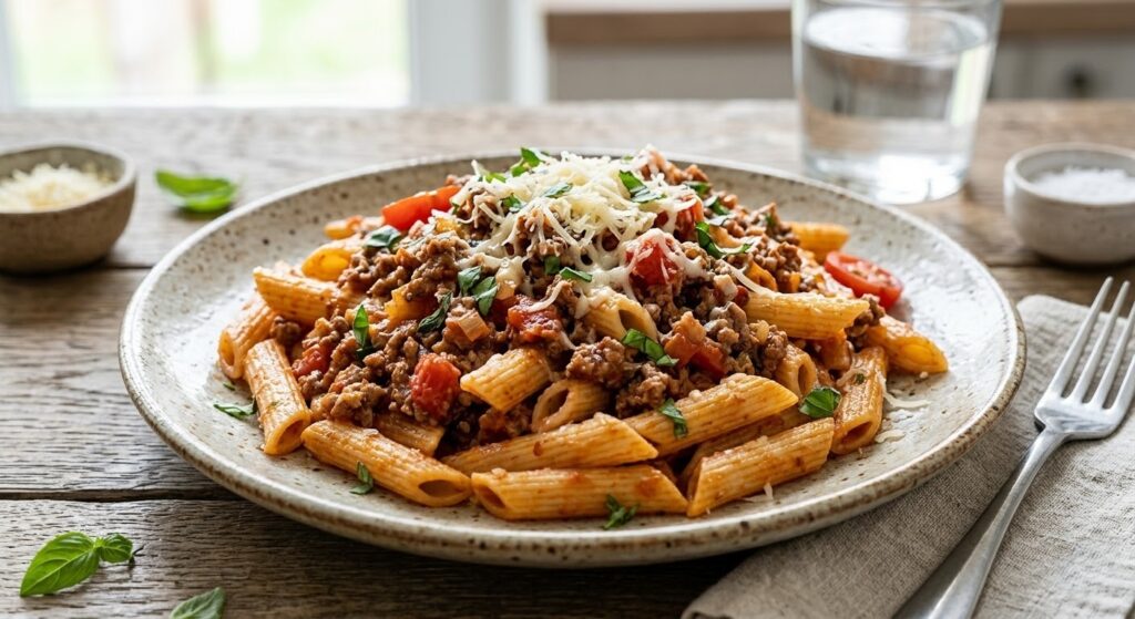 Порція італійської пасти з м'ясним соусом болоньєзе та пармезаном на дерев'яному столі.