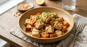 Куряче філе з помаранчевими кубиками батату під густим соусом у глибокій тарілці.