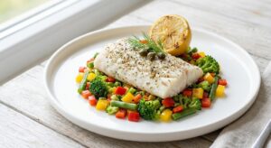 Філе білої риби з яскравими овочами на парі, подане з часточкою лимона.