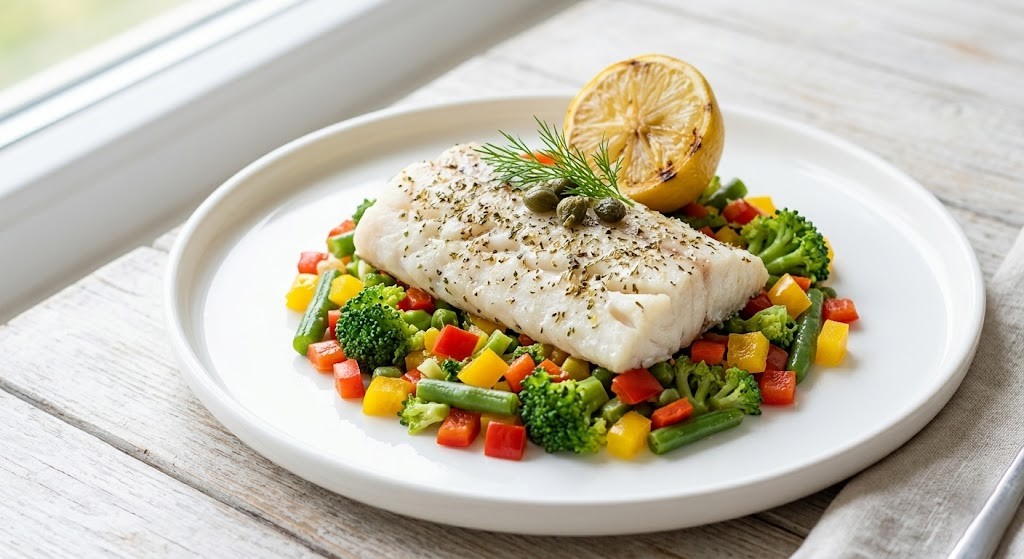 Філе білої риби з яскравими овочами на парі, подане з часточкою лимона.