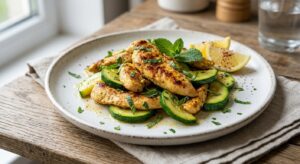 Обсмажене куряче філе з шматочками зеленого цукіні та свіжою м'ятою на білій тарілці.