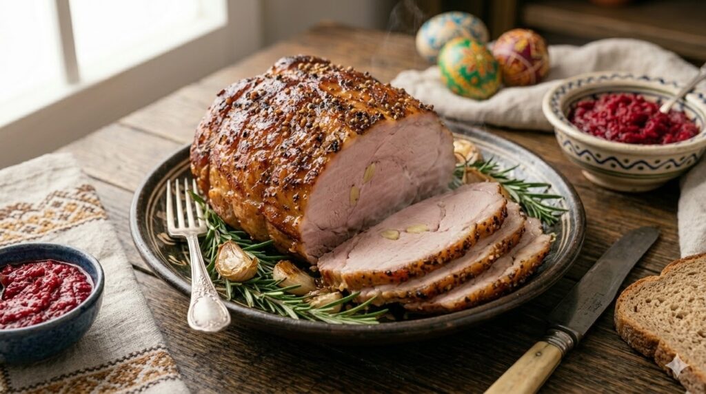 Апетитний шматок запеченої буженини з золотистою скоринкою, нарізаний на скибки, поруч свіжа зелень та соусник із хроном