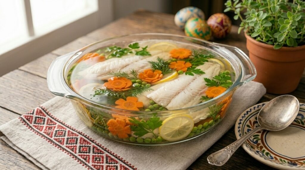 Прозоре рибне заливне в скляній формі, всередині шматочки судака, вирізані квіти з моркви, лимон та зелень