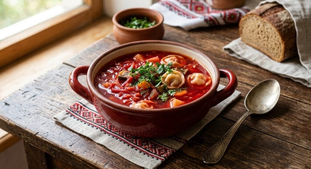 Глибока тарілка насиченого червоного борщу, в якому видно маленькі грибні вушка, прикрашена кропом на фоні дерев'яного столу