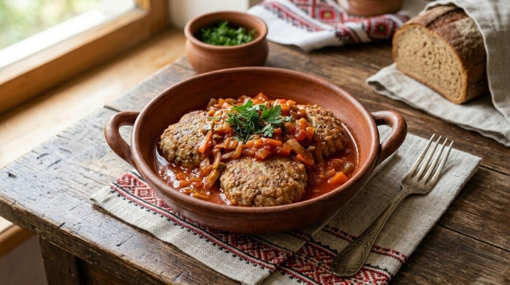 Три рум'яні гречаники на керамічній тарілці, политі густою томатно-овочевою підливою, поруч гілочка кропу на дерев'яному столі