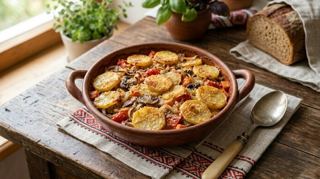 Керамічна форма з рум'яною картопляною запіканкою, зверху видно кружальця помідорів та золотисту скоринку, поруч гілочка базиліку на дерев'яному столі.