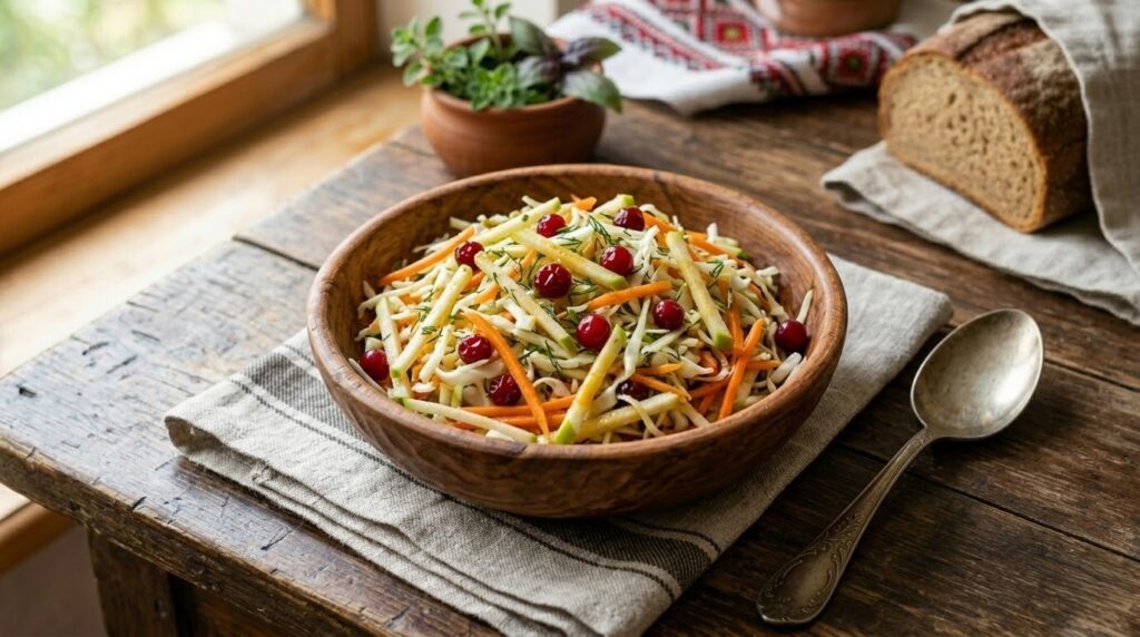 Яскравий салат із капусти, помаранчевої моркви та журавлини у дерев'яній мисці, поруч скибочки яблука та зелень на рустикальному фоні