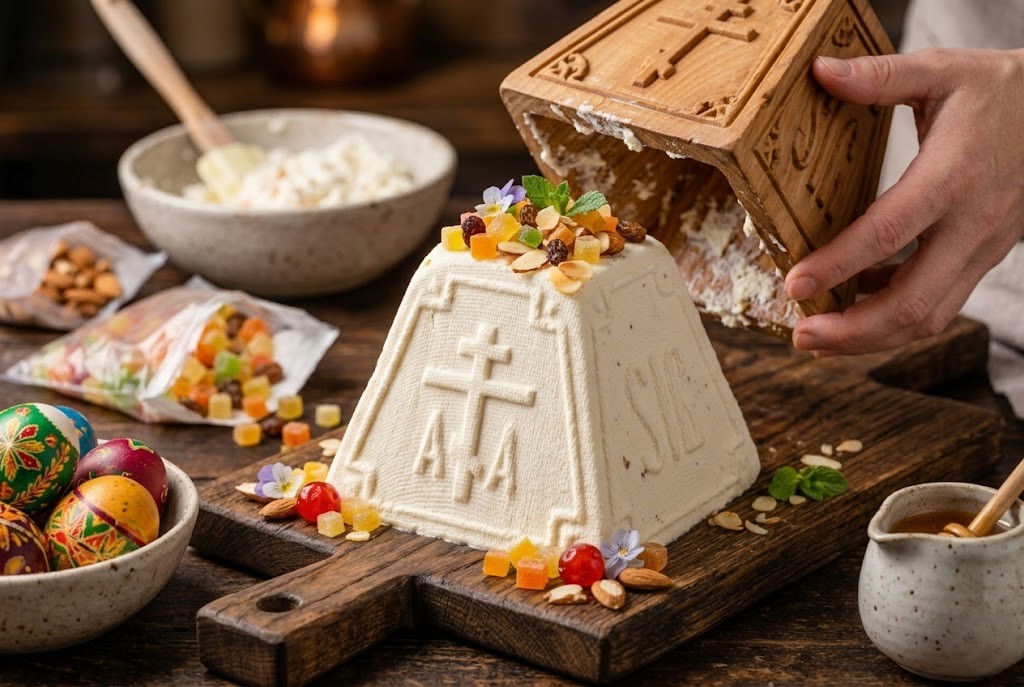 Білосніжна сирна паска у формі піраміди, прикрашена цукатами, горіхами та квітами на святковому столі