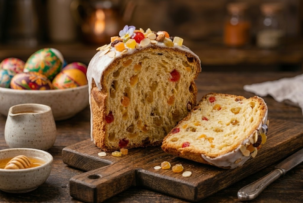 "Висока золотиста паска з білою глазур'ю, прикрашена цукатами та весняними квітами на фоні крашанок