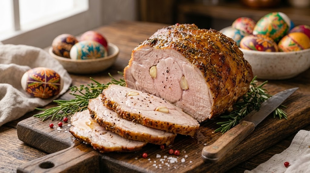 Запечена домашня буженина з рум'яною скоринкою, нарізана скибочками на дерев'яній дошці, прикрашена розмарином