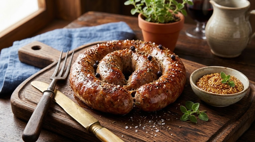 Кільце домашньої запеченої ковбаси з рум'яною скоринкою на глиняному тарелі, поруч — зубчики часнику та колоски пшениці