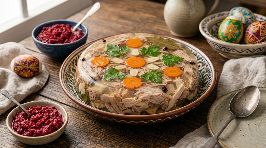 Прозорий холодець у глибокій тарілці з візерунком, прикрашений морквою та зеленню, поруч — ложка та шматочок житнього хліба