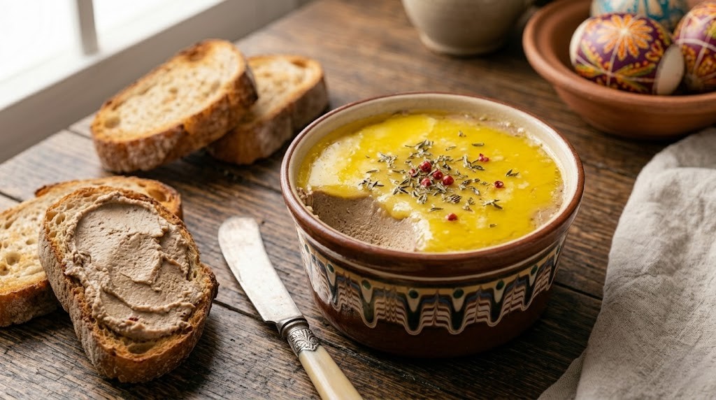 Керамічна баночка з ніжним паштетом, залитим жовтим вершковим маслом, поруч — скибки багета та гілочка чебрецю