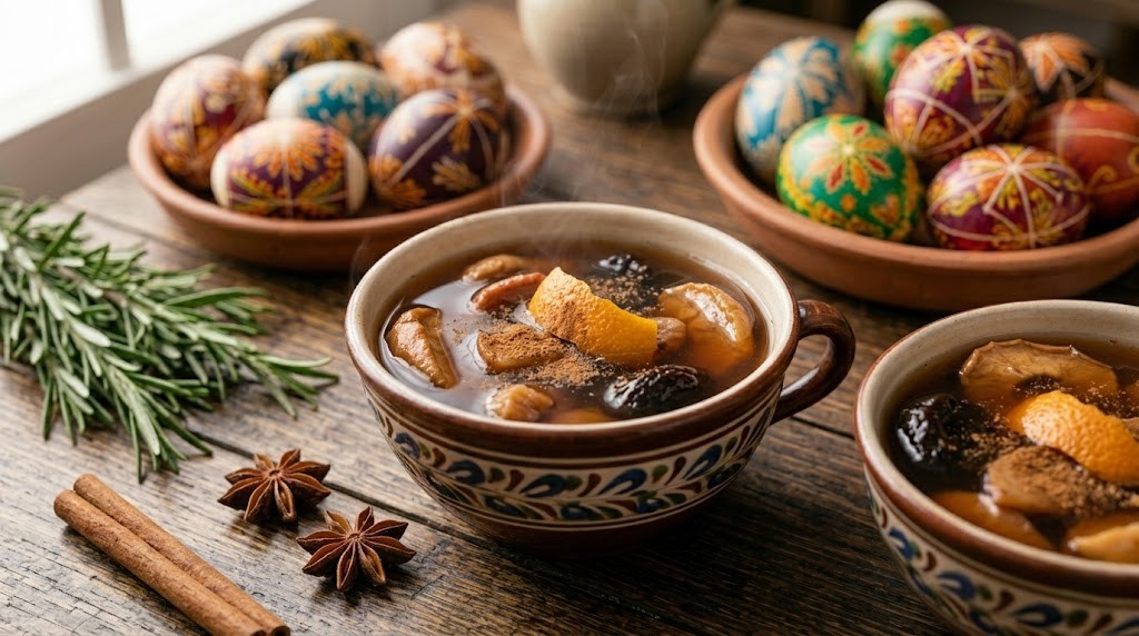 Глиняний глечик з темним узваром, поруч розсипані сушені яблука, чорнослив та палички кориці