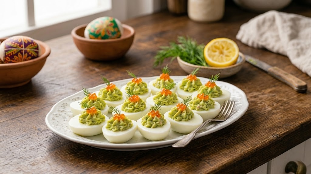 Тарілка з фаршированими яйцями, начинка ніжно-зеленого кольору прикрашена ікрою та зеленню, на фоні святкового декору
